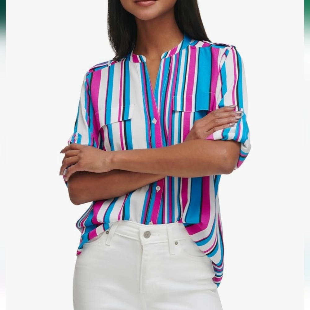 Calvin Klein Multicolor Striped Blouse Roll Tab Sleeve